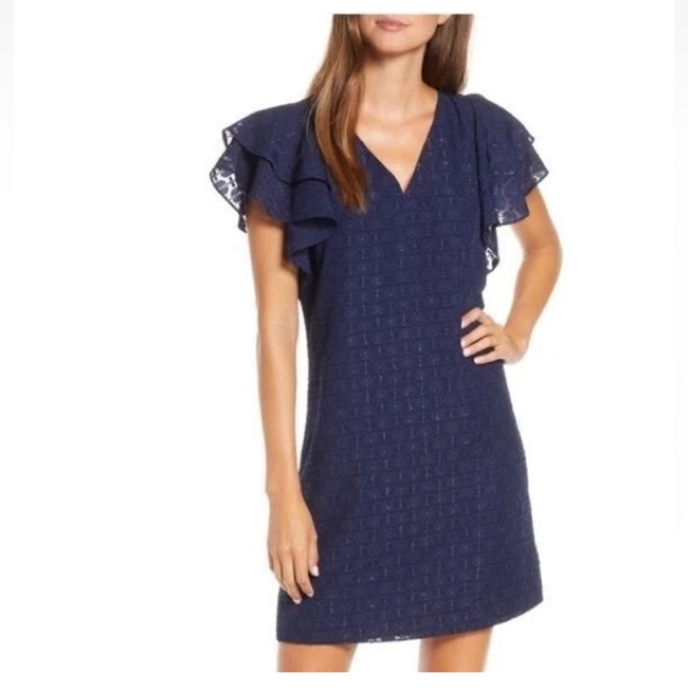 Lilly Pulitzer Kathie Navy Tanzanian Mini Dress with Ruffled Sleeves